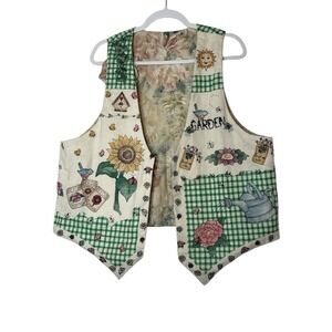 Vintage Vest Women's XL Reversible Flowers Garden Bird Plants‎ Handmade Y2K